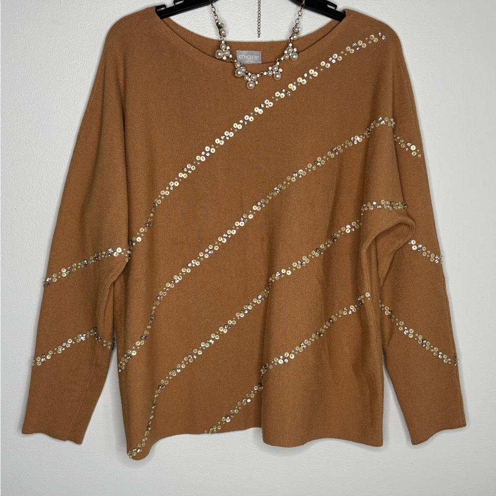 🌸Chico's Camel Brown Sweater w/ Pearl/Crystal Details Size 2 & Matching Necklace